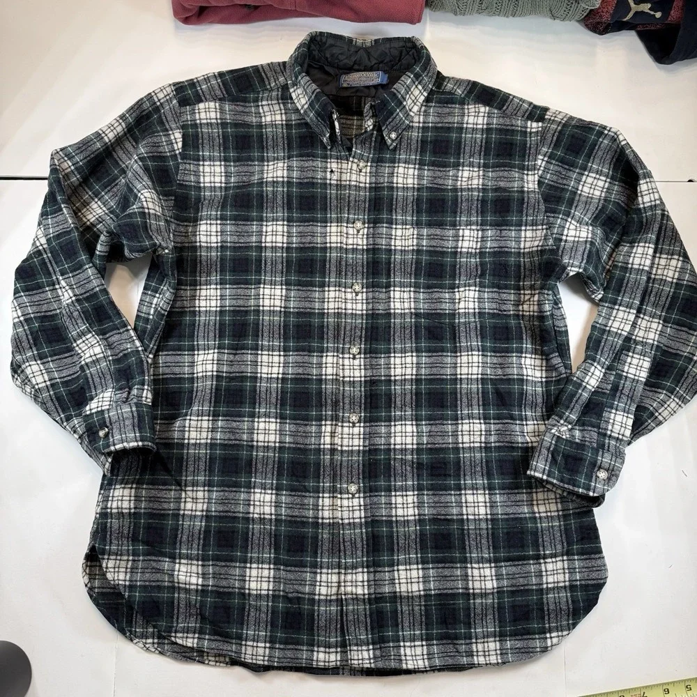 VTG Pendleton Wool Flannel Shirt Mens Large Green Dress Campbell Tartan USA